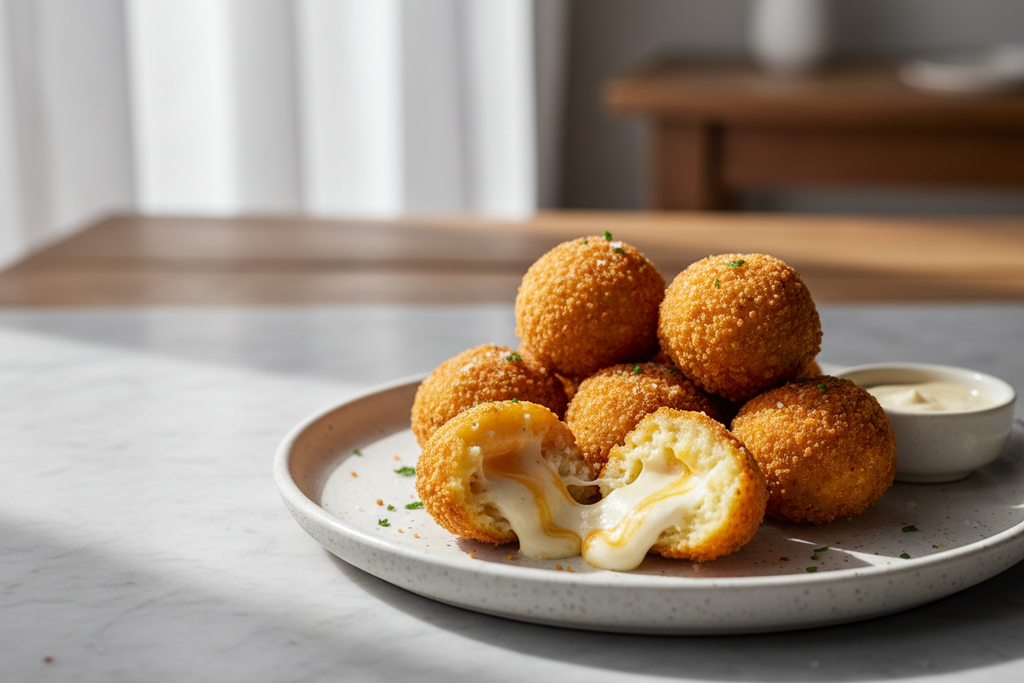 bolitas de papa rellena de queso que la imagen se vea bien iluminada y realista