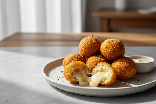 bolitas de papa rellena de queso que la imagen se vea bien iluminada y realista