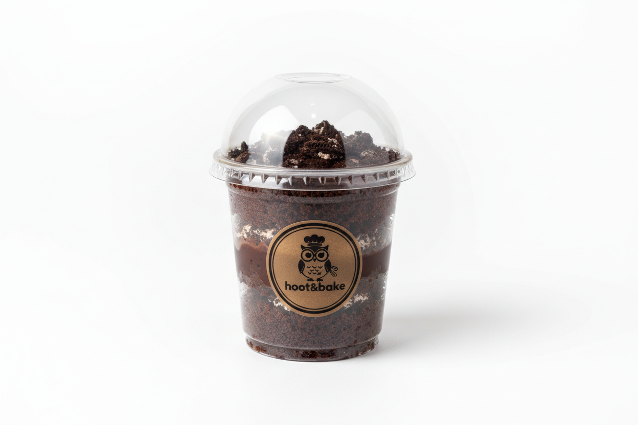 create a chocolate oreo cake 5oz cup with lids and add my logo 