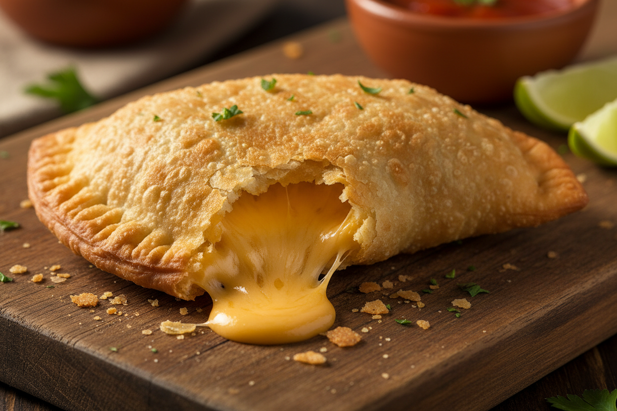 create a empanada from dominican republic look like with cheddar cheese on in 