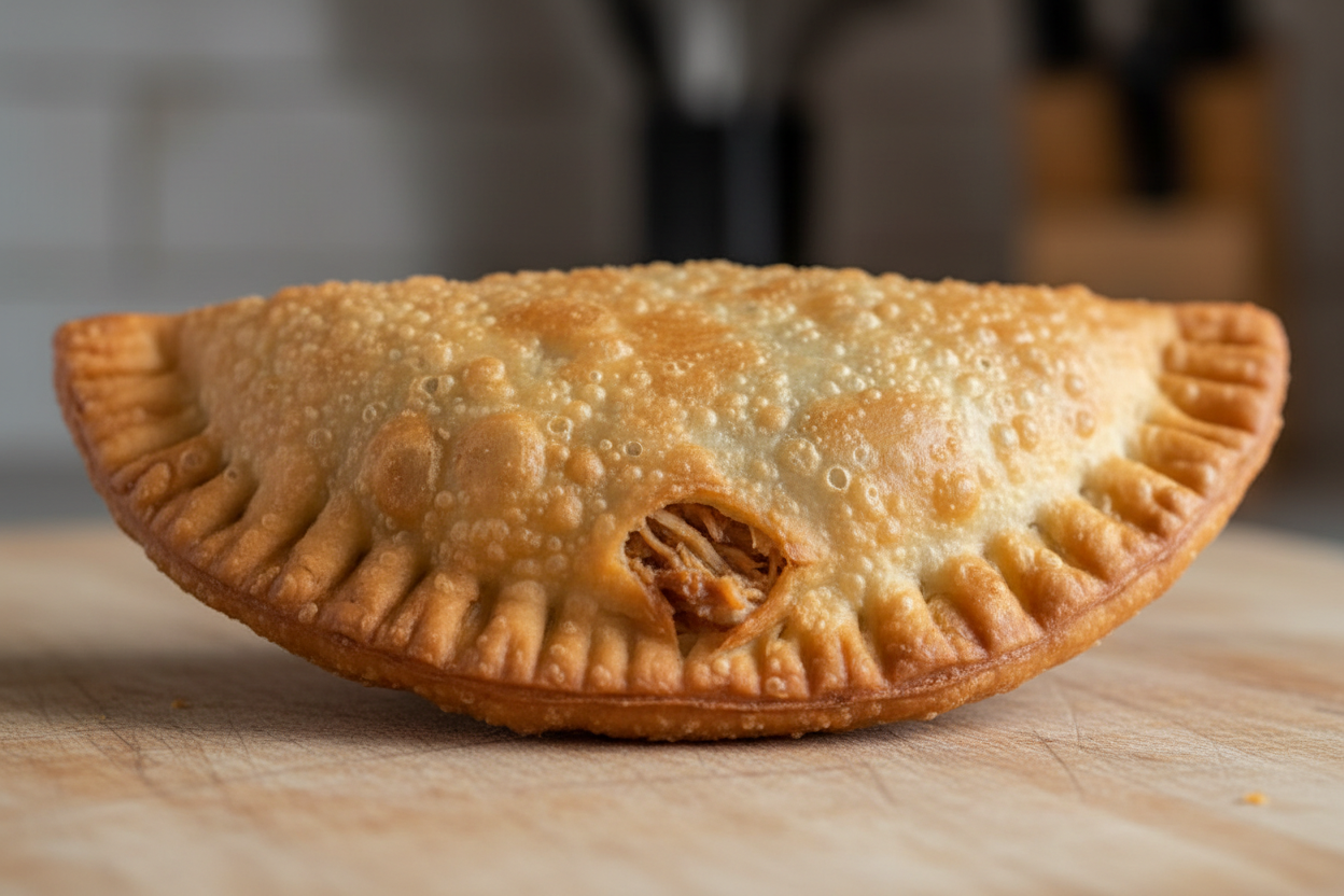 create a fried empanada looking at the same empanada from dominican republic with chicken on in