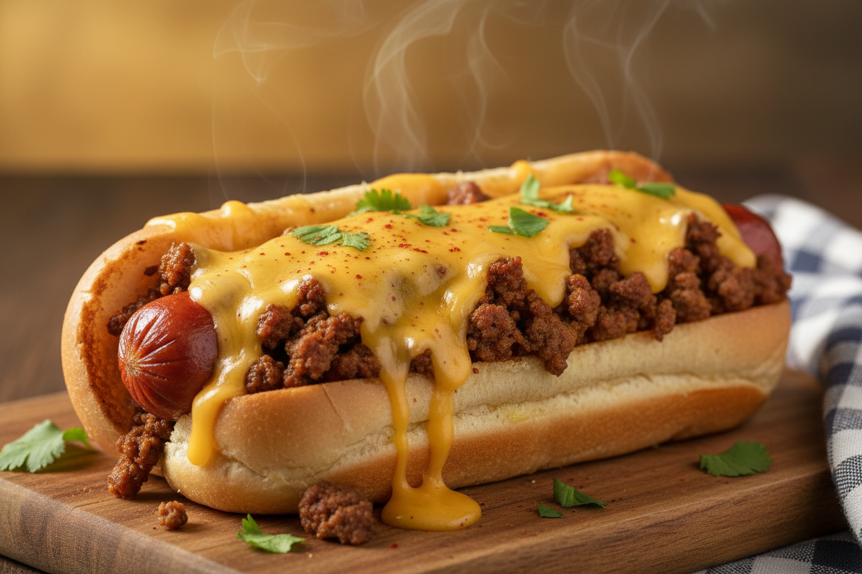 create a hot dog with ground beef and cheese
