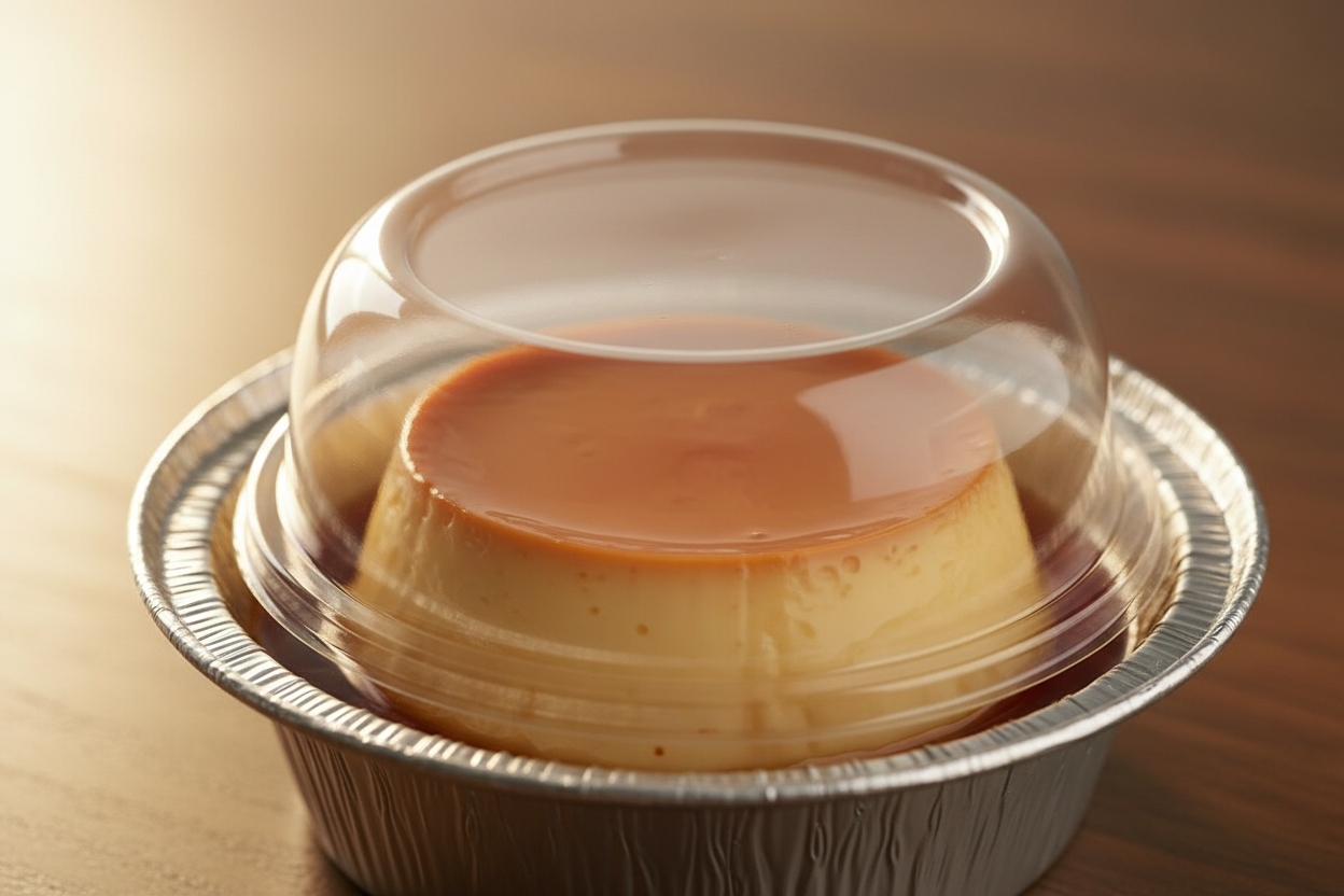 create a mini flan just one in a aluminion box with clear lids