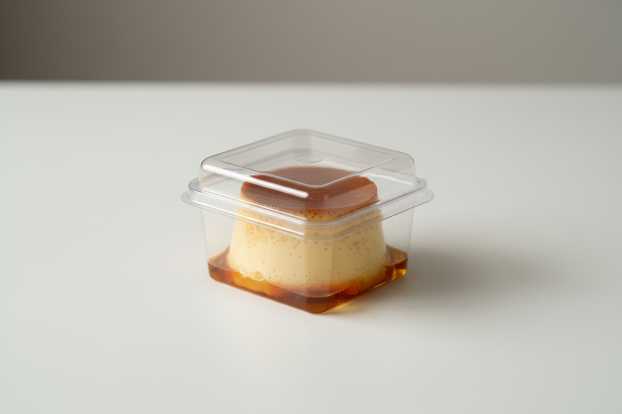 create a mini flan just one in a picture in mini box with clear lids 