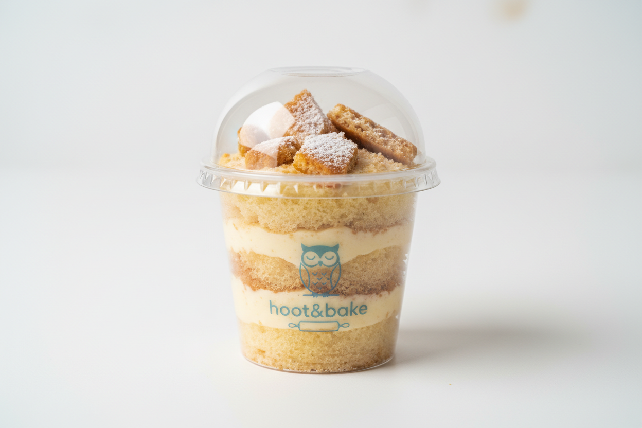 create a vanilla cake with crunch vanilla cookie and sigh 5oz cup with lids and add my logo 