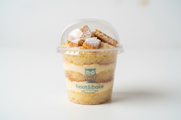create a vanilla cake with crunch vanilla cookie and sigh 5oz cup with lids and add my logo 