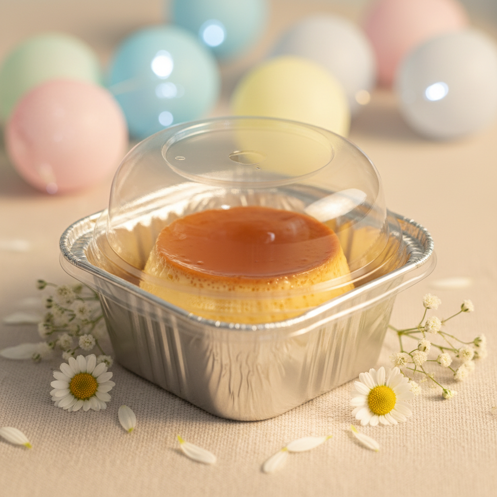 create a video with a mini flan in aluminion box with clear lids in a cute background
